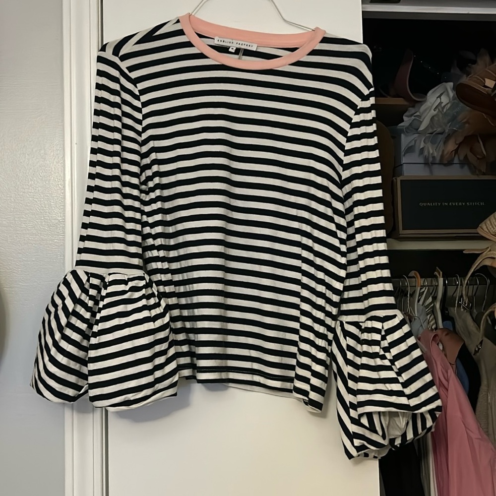 English factory long sleeve striped shirt with poof detailing on sleeve